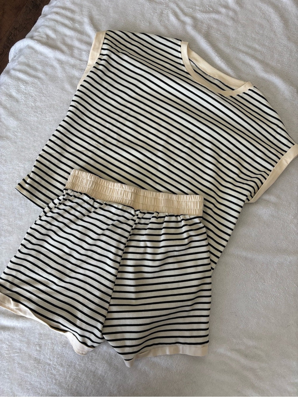 Striped Short Sleeve Lounge Set in Cream and Black